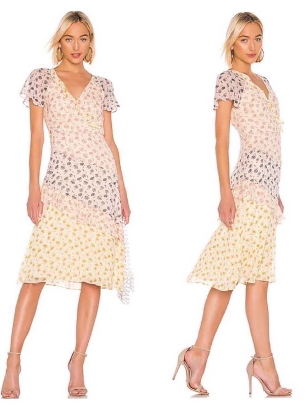 Joie Orita Silk Colorful Floral Print Flutter Sleeve V Neck Midi Dress Size 6